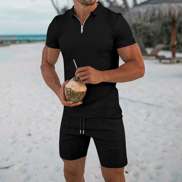 Herren lässiges Kurzarm-Set mit strukturiertem Polo und modischen Shorts Echoarchiv