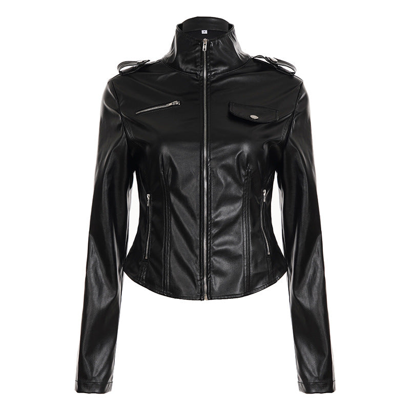 Damen nan taillierte Kunstleder-Bikerjacke mit Stehkragen, Schulterpatten und Reißverschlusstaschen Echo Archiv