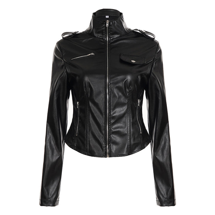 Damen nan taillierte Kunstleder-Bikerjacke mit Stehkragen, Schulterpatten und Reißverschlusstaschen Echo Archiv