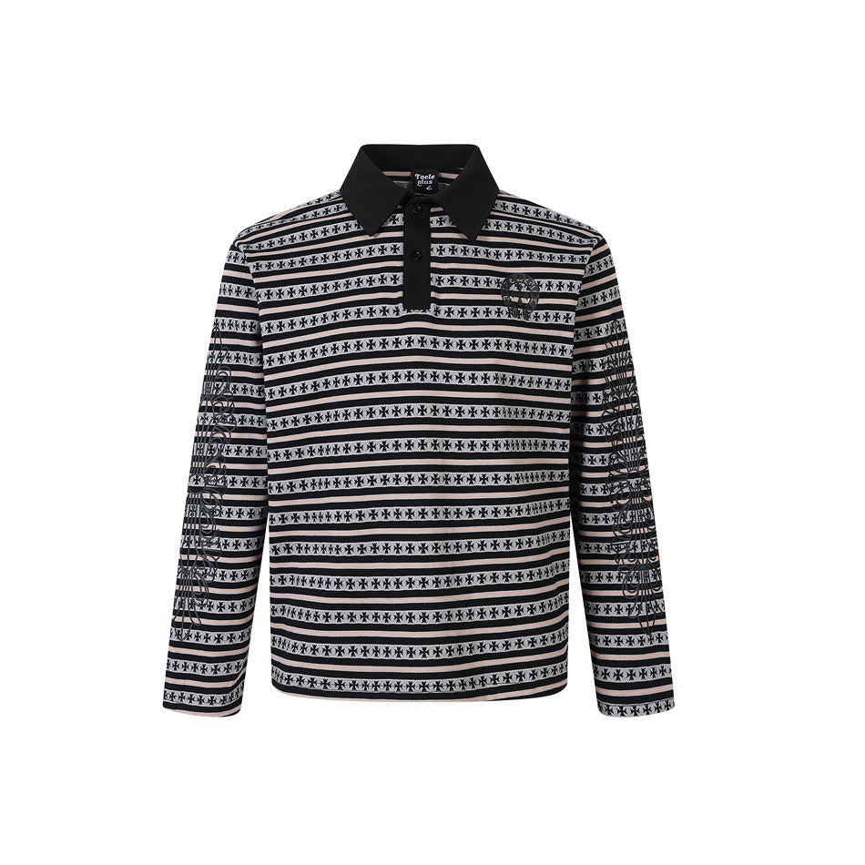 Unisex Langarm-Poloshirt mit Jacquard-Streifenmuster, Rippkragen und Logostick Echoarchiv