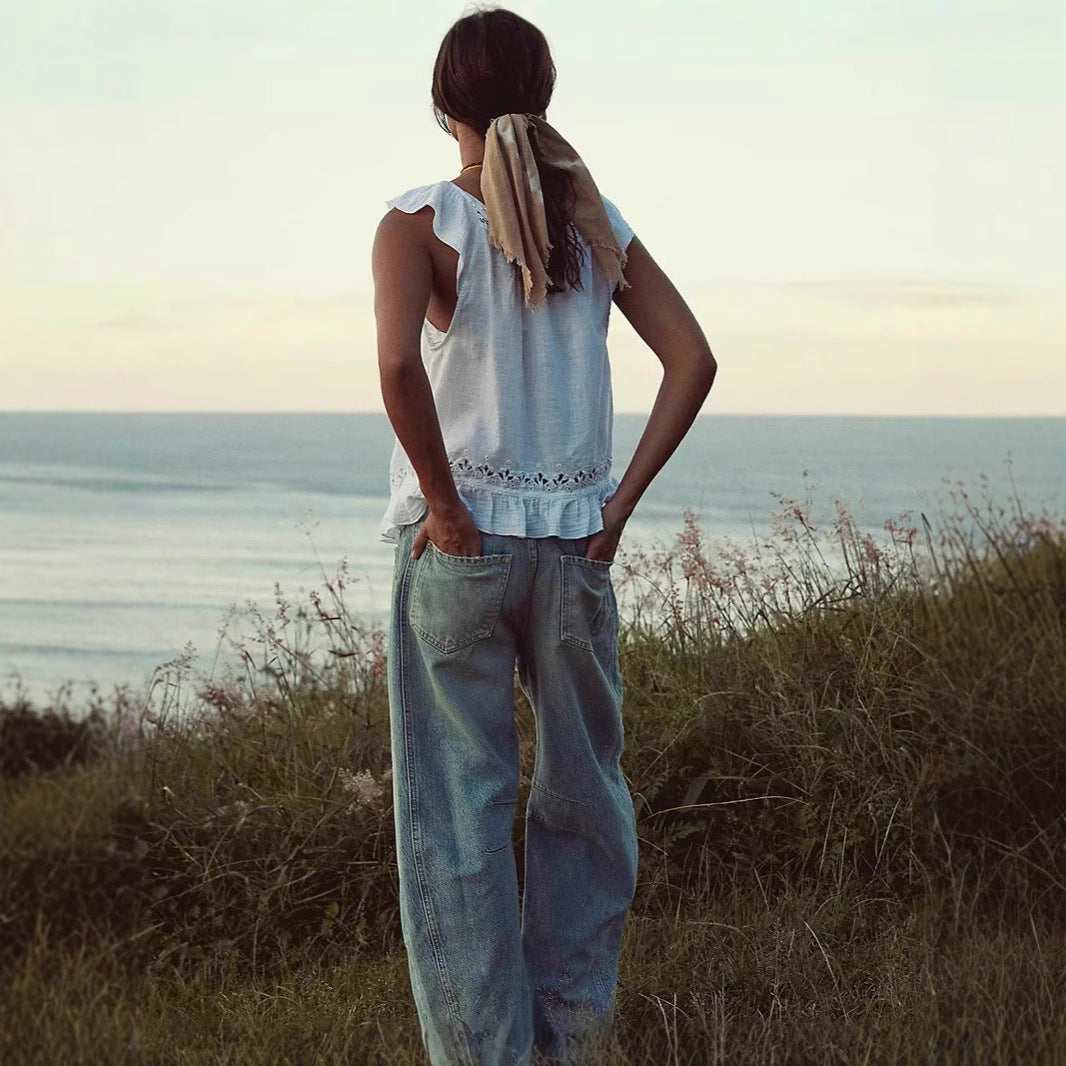 Damen luftiger Leinen-Crop-Top mit Rüschen Echo Archiv