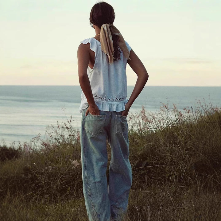 Damen luftiger Leinen-Crop-Top mit Rüschen Echo Archiv