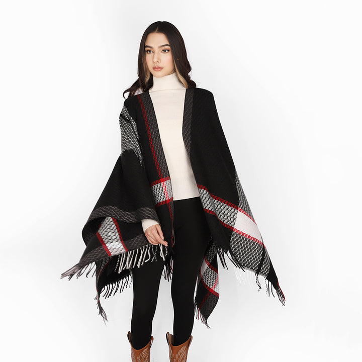 Damen Oversize Capeponcho aus Wollmix mit Karomuster und Fransensaum – Avérine