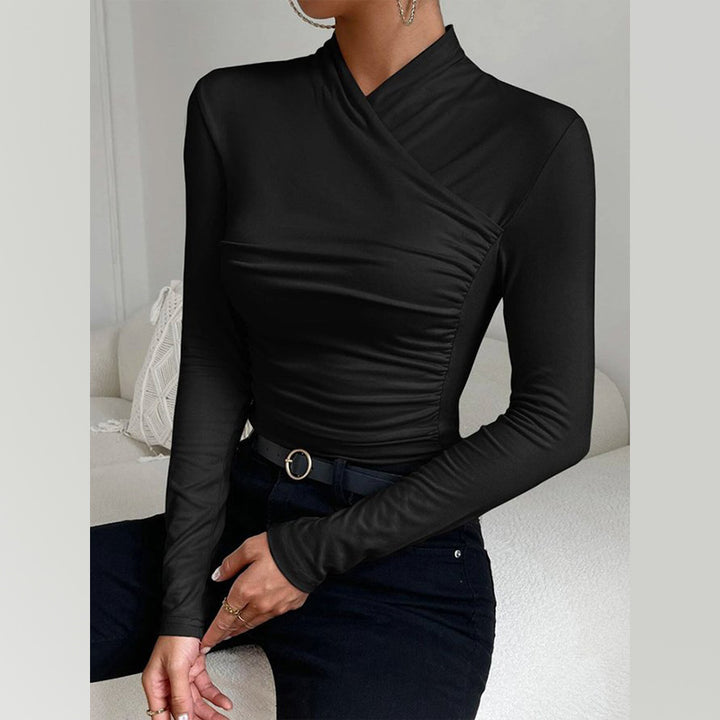 Damen Enganliegendes Langarmshirt mit Wickelkragen und seitlicher Raffung – Avérine