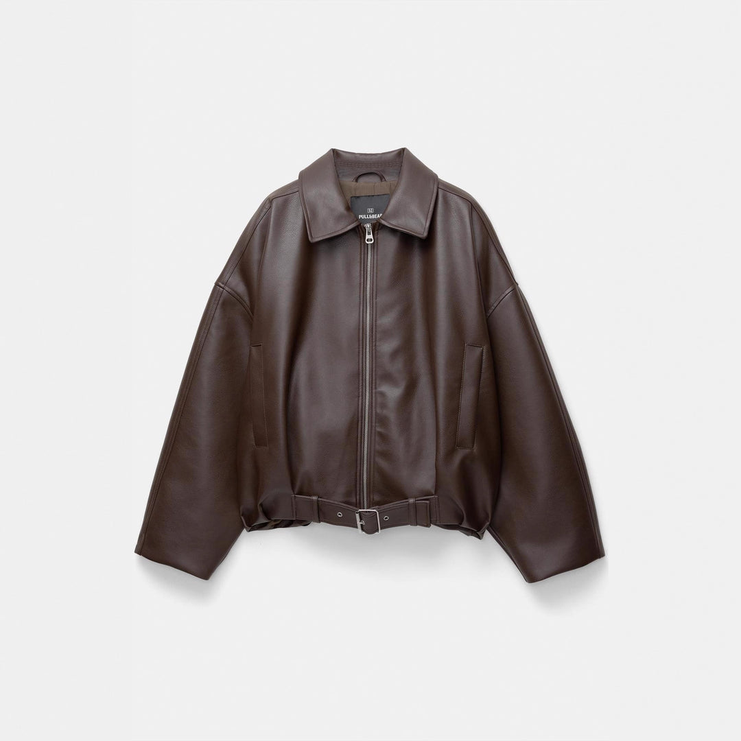 Damen nan kurz geschnittene Kunstlederjacke mit durchgehendem Reißverschluss und taillierendem Gürtel Echo Archiv