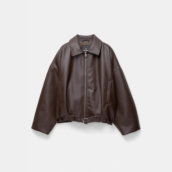 Damen nan kurz geschnittene Kunstlederjacke mit durchgehendem Reißverschluss und taillierendem Gürtel Echo Archiv
