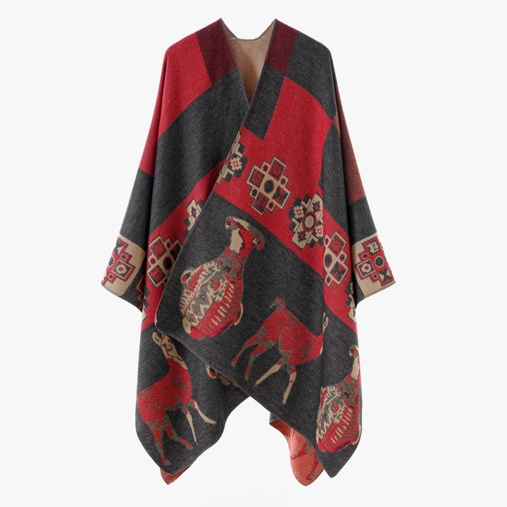 Damen Cape-Überwurf aus Jacquard-Strick mit Tier- und Ethno-Motiv Echo Archiv