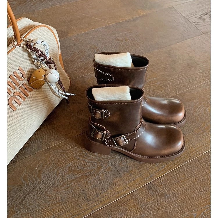 Damen Biker‑Stiefelette aus Glattleder mit dekorativer Ziernaht, Doppelriemen und robuster Profilsohle Echo Archiv