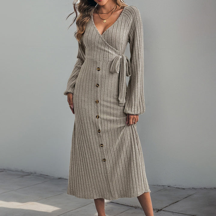 Damen Geripptes Wickel-Midikleid mit V-Ausschnitt, Ballonärmeln & Knopfleiste Echoarchiv