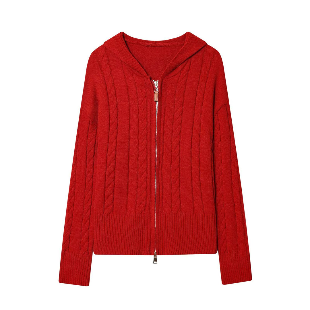 Damen Kapuzenstrickjacke mit Zopfstrickmuster und Metallreißverschluss Echo Archiv