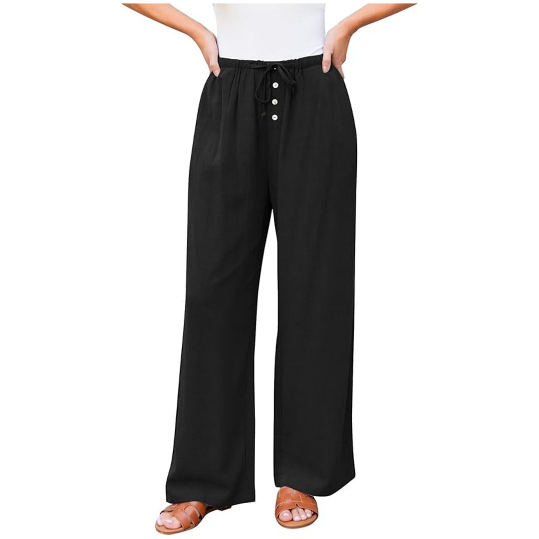 Damen weite Leinenhose mit elastischem Bund, Kordelzug und Knopfleiste Echo Archiv