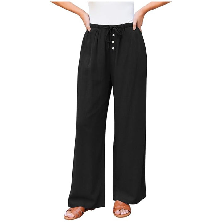 Damen weite Leinenhose mit elastischem Bund, Kordelzug und Knopfleiste Echo Archiv
