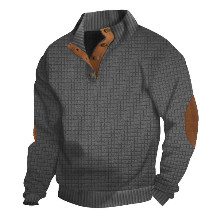 Herren Strukturiertes Waffelstrick-Henleypullover mit Lederbesatz & Ellbogenpatches – Marzano