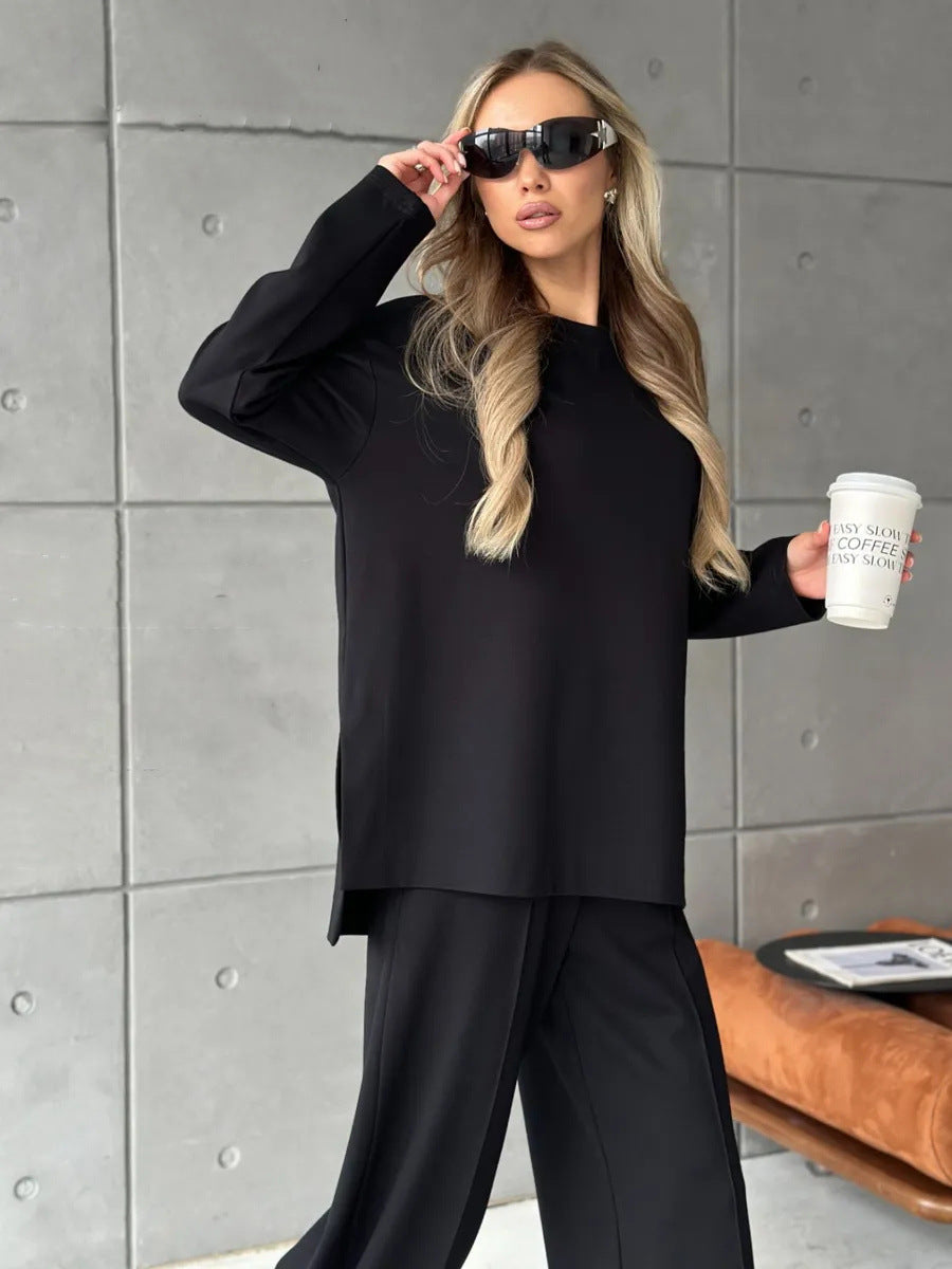 Damen eleganter Lounge-Zweiteiler mit Oversize-Sweatshirt und taillierter Weitbein-Hose – Avérine