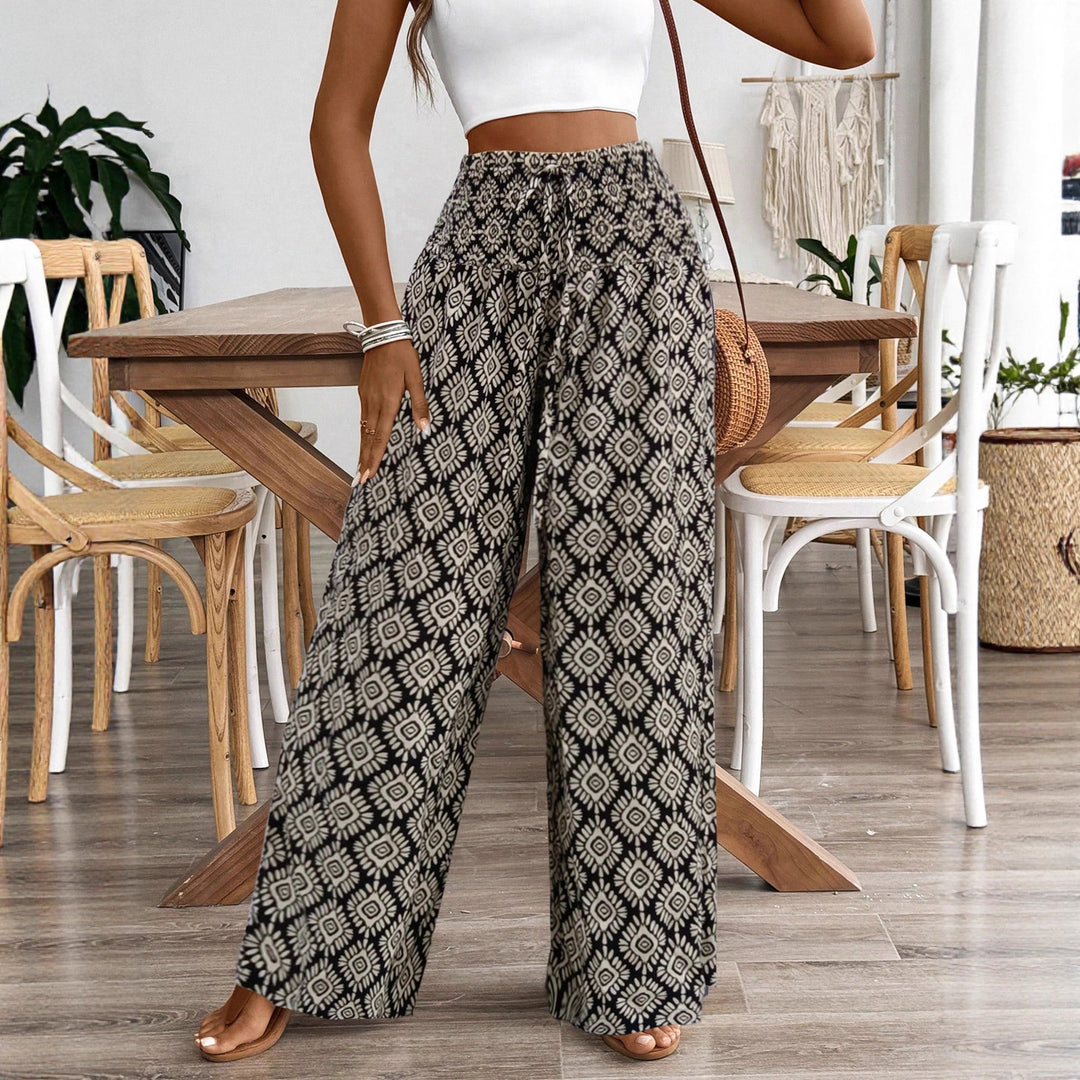 Damen Palazzo‑Hose mit hoher Smock‑Taille und Ethno‑Print – Avérine