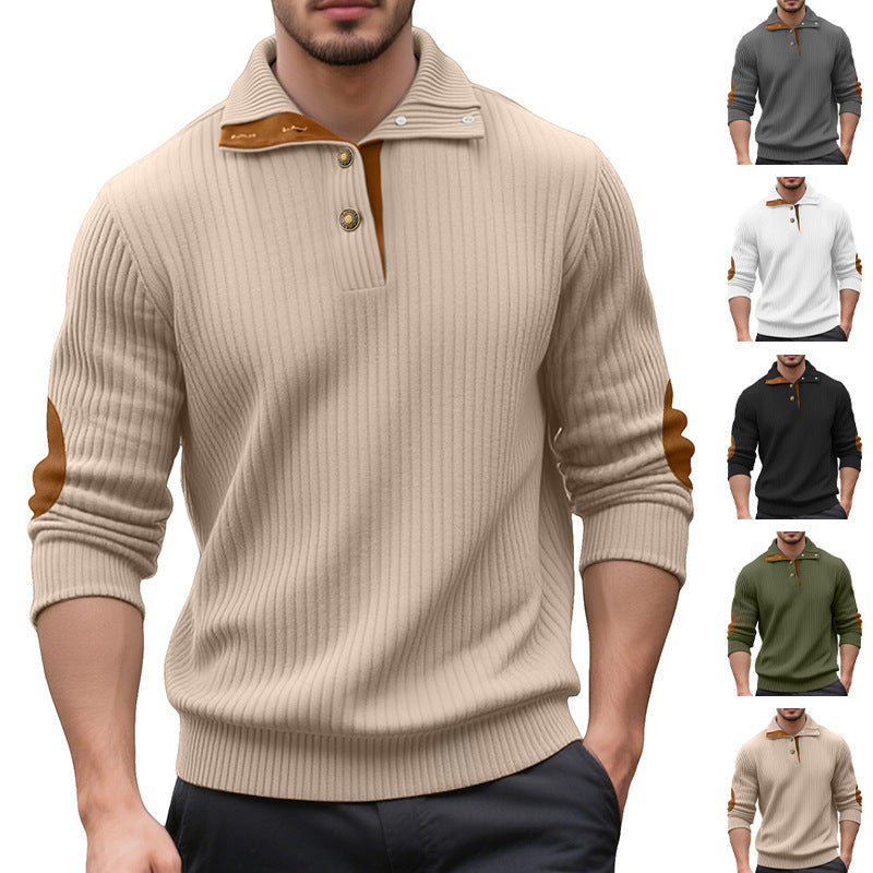 Herren nan Rippstrick-Halbknopf-Pullover mit Kentkragen und Lederbesatz Echo Archiv