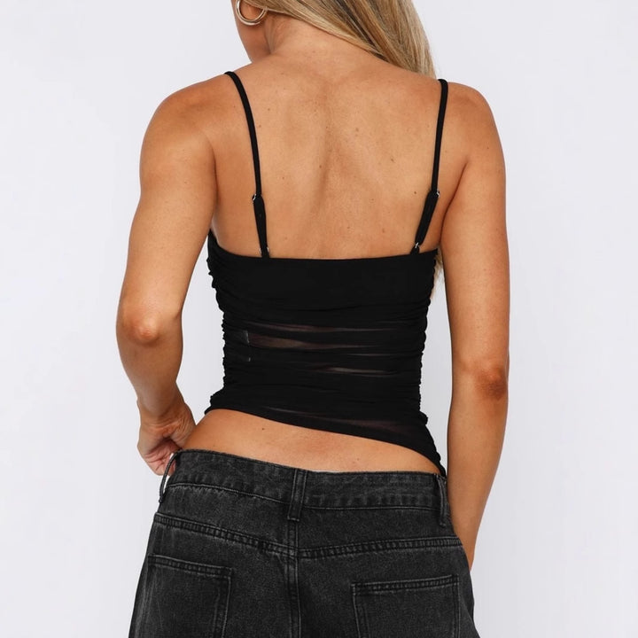 Damen leichtes Rüschenshirt mit Spaghettiträgern und transparenten Einsätzen Echo Archiv