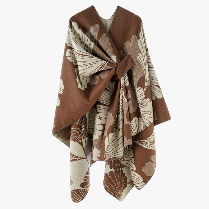 Damen Wickelponcho aus Jacquard mit floralem Muster und Taillengürtel – Avérine