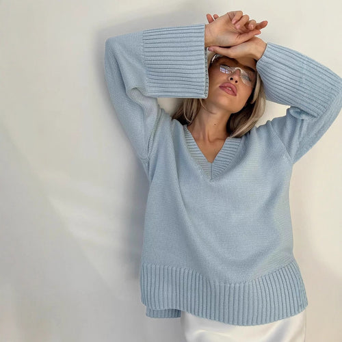 Damen nan oversized Feinstrickpullover mit tiefem V-Ausschnitt, gerippten Bündchen und lockerer Silhouette Echo Archiv
