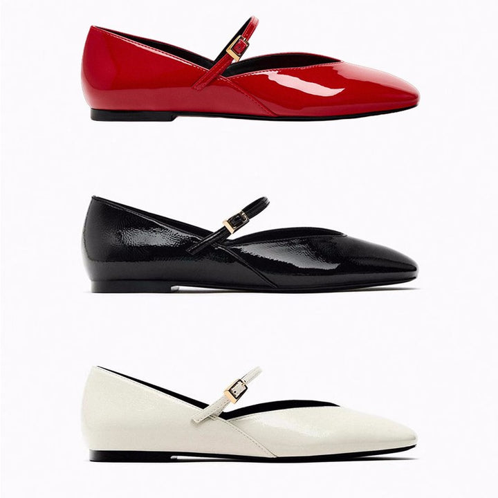 Damen elegante Lack-Mary-Jane-Ballerinas mit feiner Metallschnalle und spitzer Vorderkappe – Lioré
