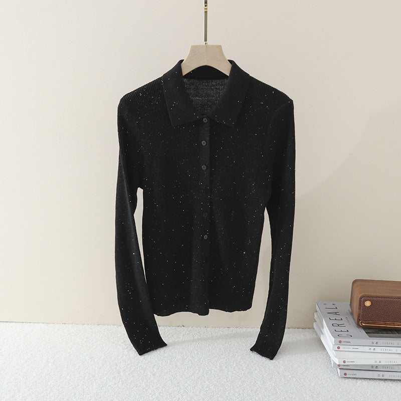 Damen Feinstrick-Cardigan mit Polokragen, Knopfleiste und dezentem Glitzereffekt Echo Archiv