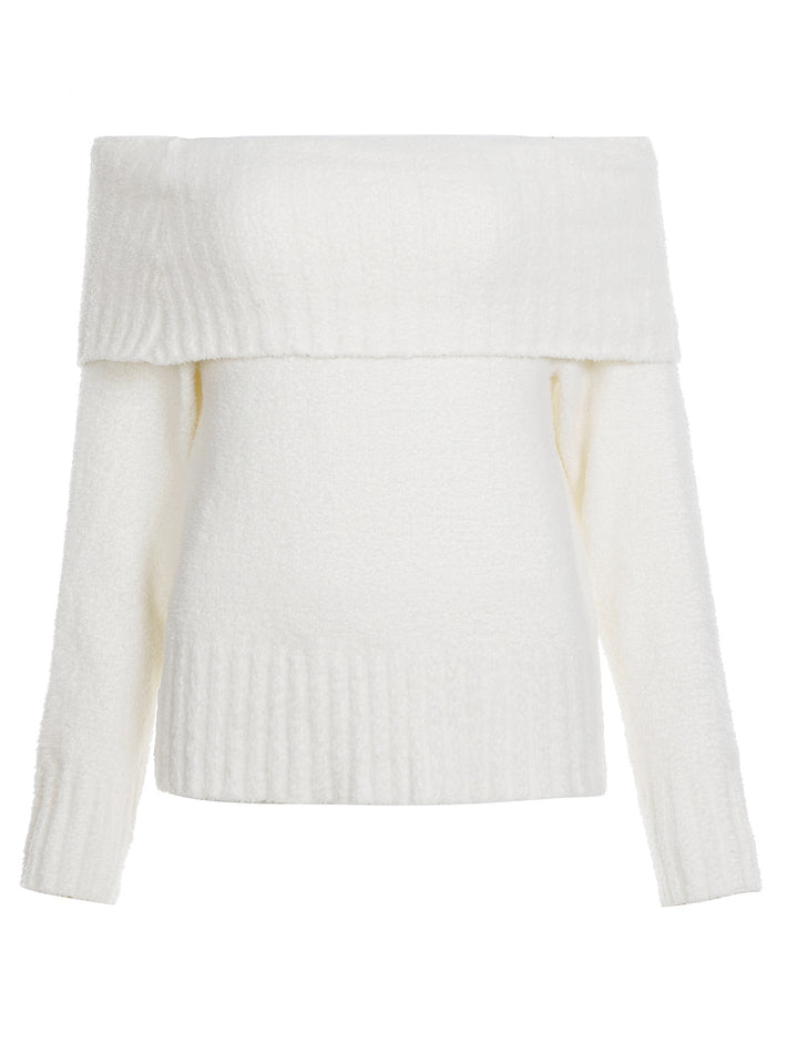 Damen Schulterfreier flauschiger Strickpullover mit breitem Umschlagkragen Echo Archiv