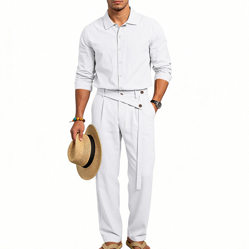 Herren nan eleganter Leinen-Zweiteiler mit Hemd und Hose mit hohem Bund und Bindegürtel Echoarchiv