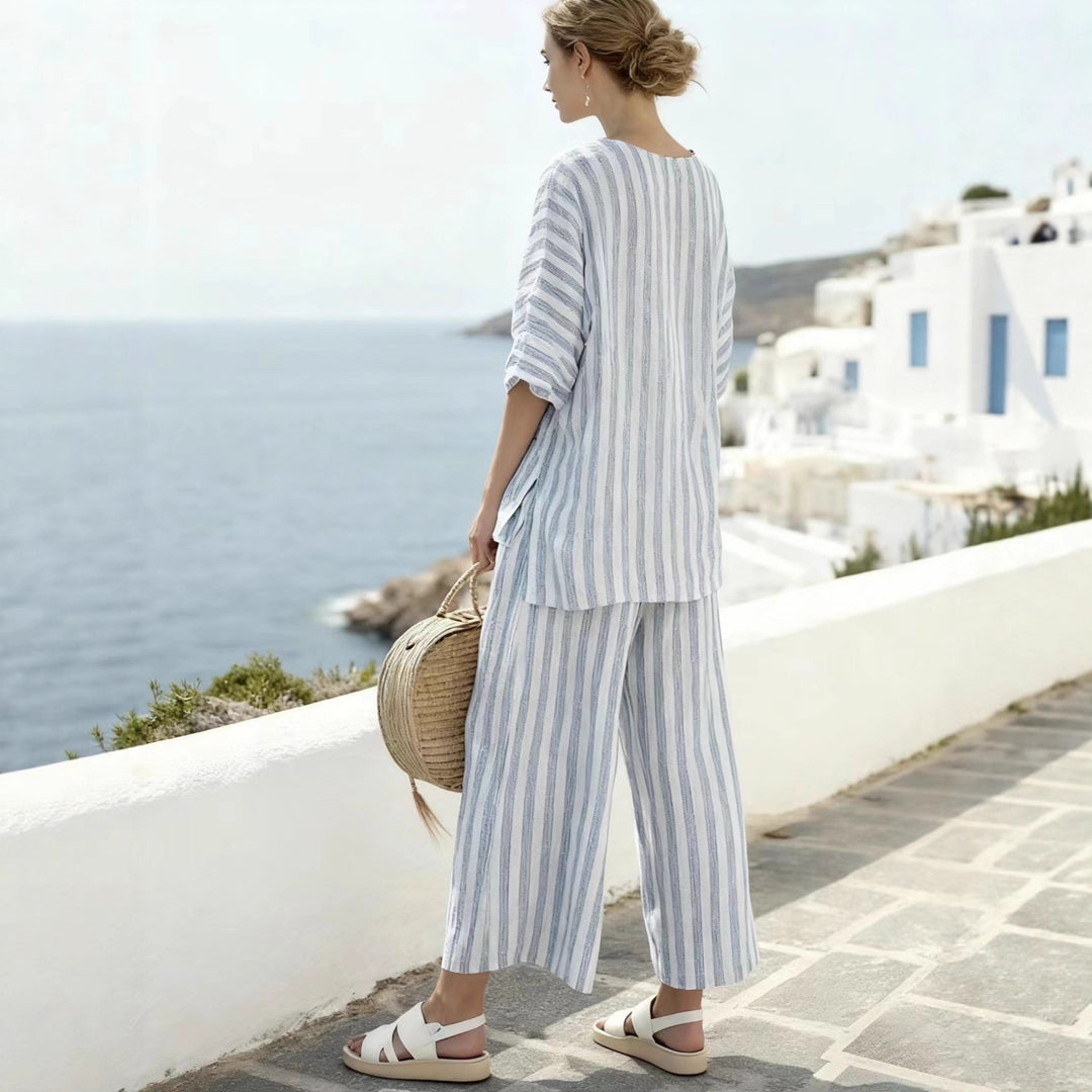 Damen Zweiteiliges gestreiftes Leinen‑Optik Lounge‑Set mit Oversize‑Bluse und High‑Waist Palazzo – Élanora