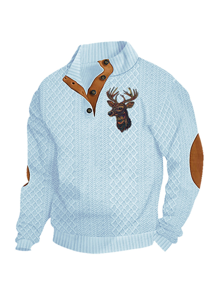 Herren nan Heritage-Strukturpullover mit Stehkragen Lederimitat-Besatz Ellenbogen-Patches und Halbknopfleiste Echo Archiv