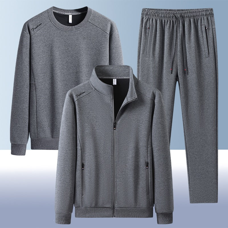 [Herren] Zweiteiliges Trainingsset mit Stehkragen-Zipjacke, Rundhals‑Sweatshirt und konisch geschnittener Jogginghose aus atmungsaktivem Fleece Echoarchiv