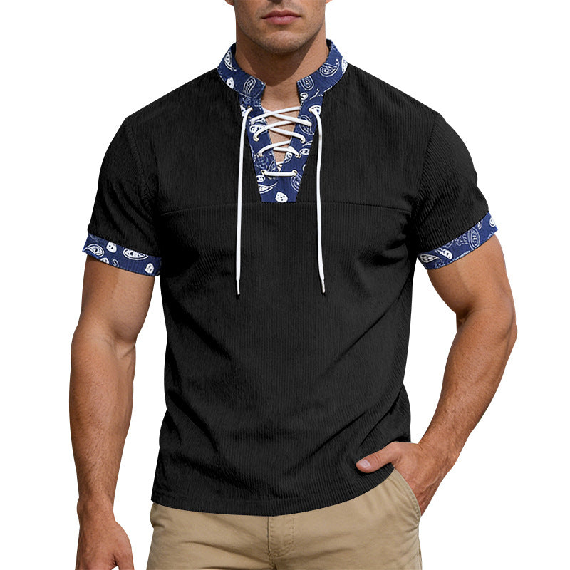 Herren nan Kurzarm-Schnürshirt mit Bandana-Besatz und strukturierter Jerseyqualität Echo Archiv