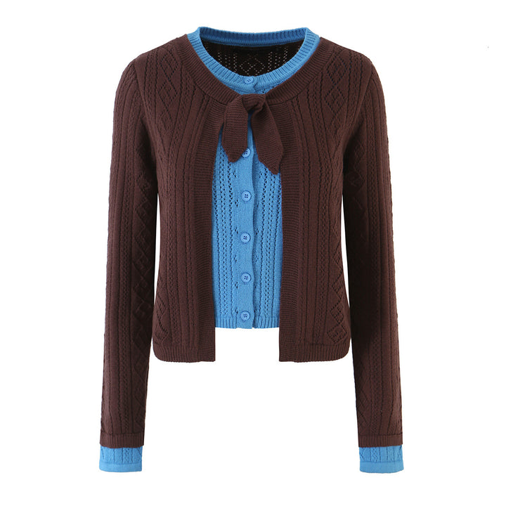 Damen Feinstrick-Zweiteiler Cardigan mit Schleifenkragen und Zierweste Echoarchiv