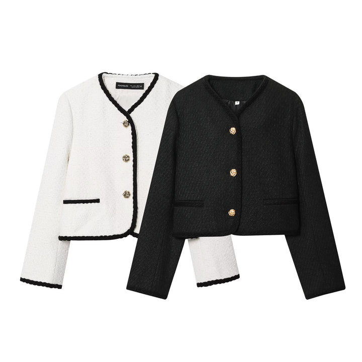 Damen kurz geschnittene Bouclé-Jacke mit geflochtenem Rand und goldenen Zierknöpfen – Célinea