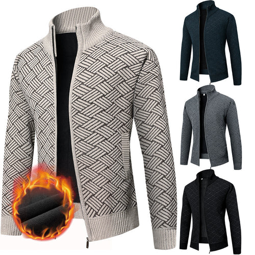 Herren Thermo-Strickjacke mit durchgehendem Reißverschluss, gefüttertem Stehkragen und geometrischem Strukturmuster Echo Archiv