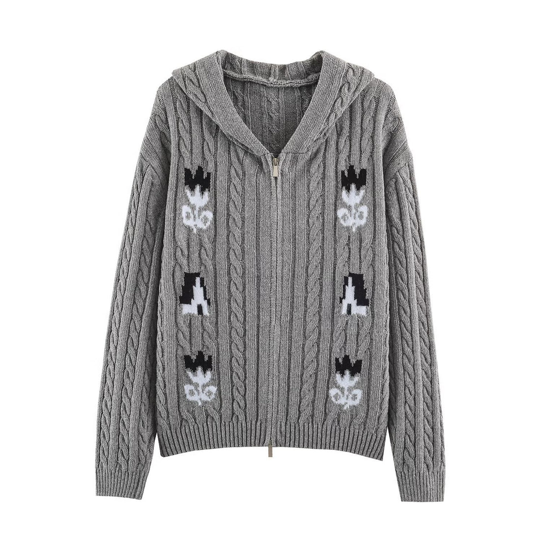 Damen Zweiteiliges Strick-Set mit Zipper-Kapuzenjacke und kurzem Zopfmuster-Rock Echoarchiv