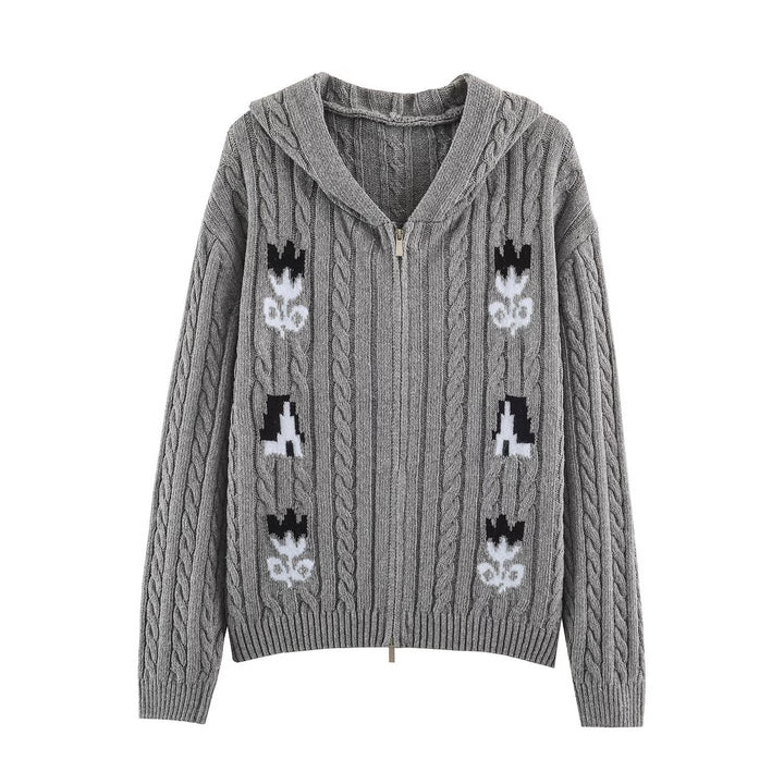 Damen Zweiteiliges Strick-Set mit Zipper-Kapuzenjacke und kurzem Zopfmuster-Rock Echoarchiv