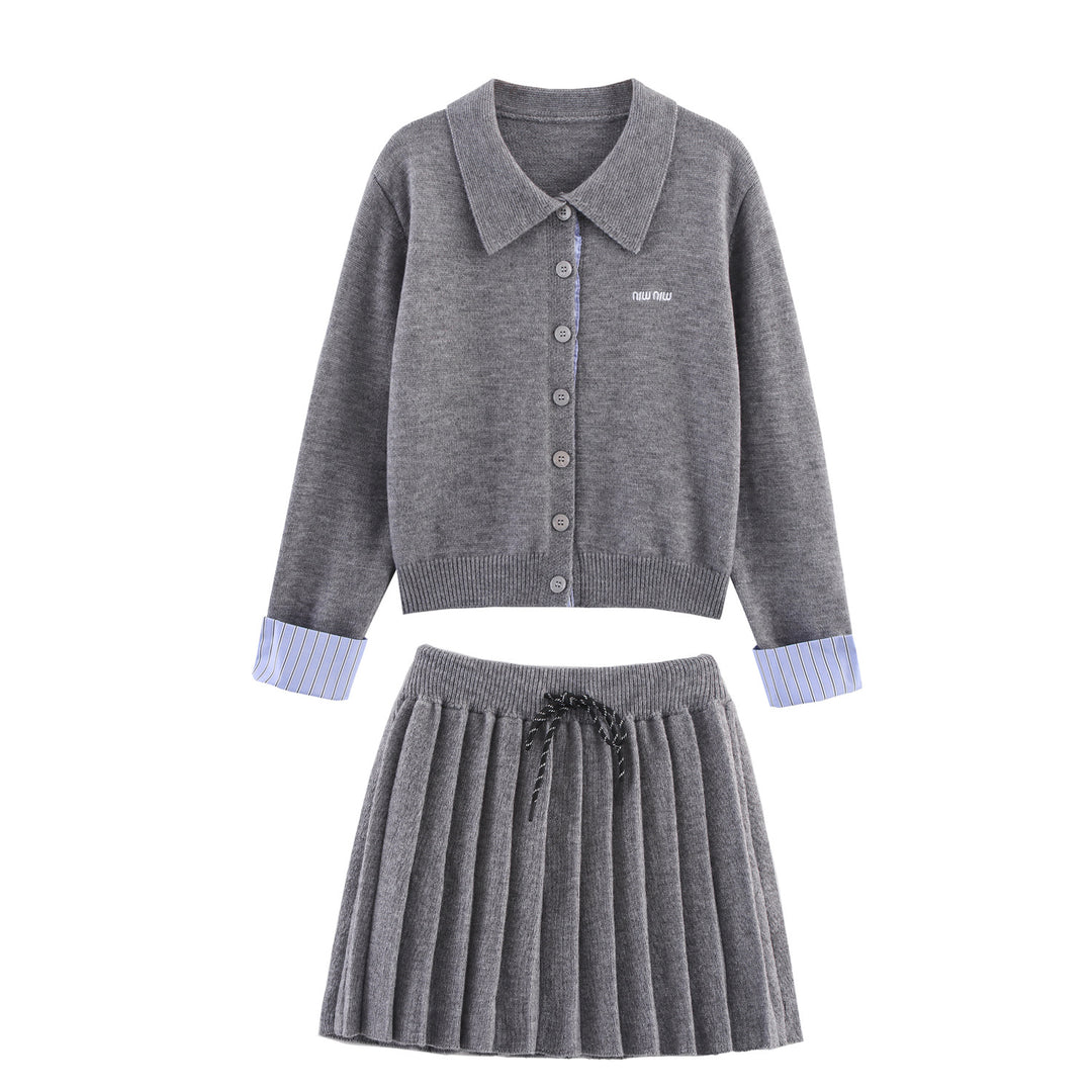 Damen Zweiteiliges Feinstrick-Set mit Hemdkragen-Cardigan und plissiertem Rock Echoarchiv
