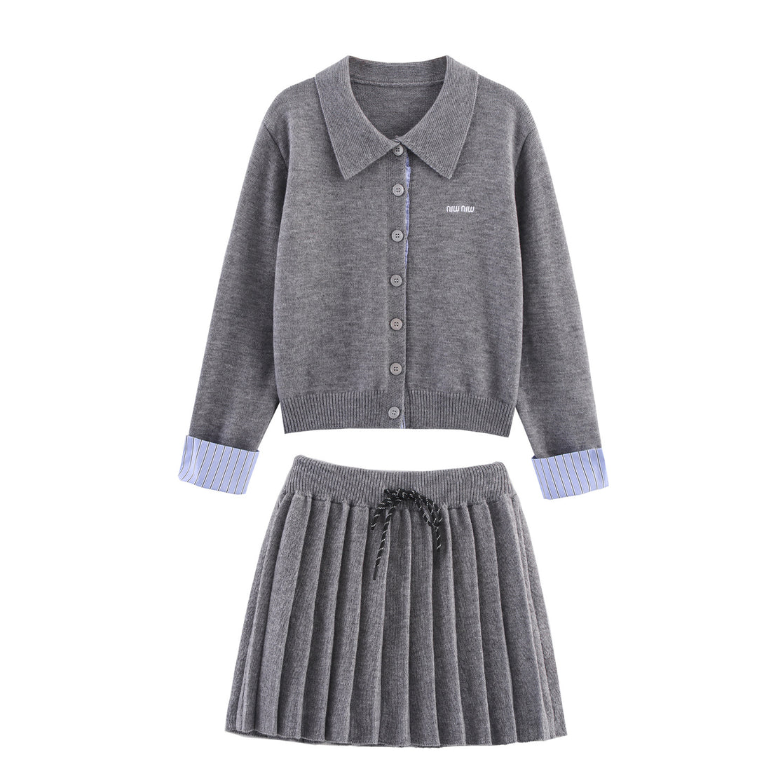 Damen Zweiteiliges Feinstrick-Set mit Hemdkragen-Cardigan und plissiertem Rock Echoarchiv