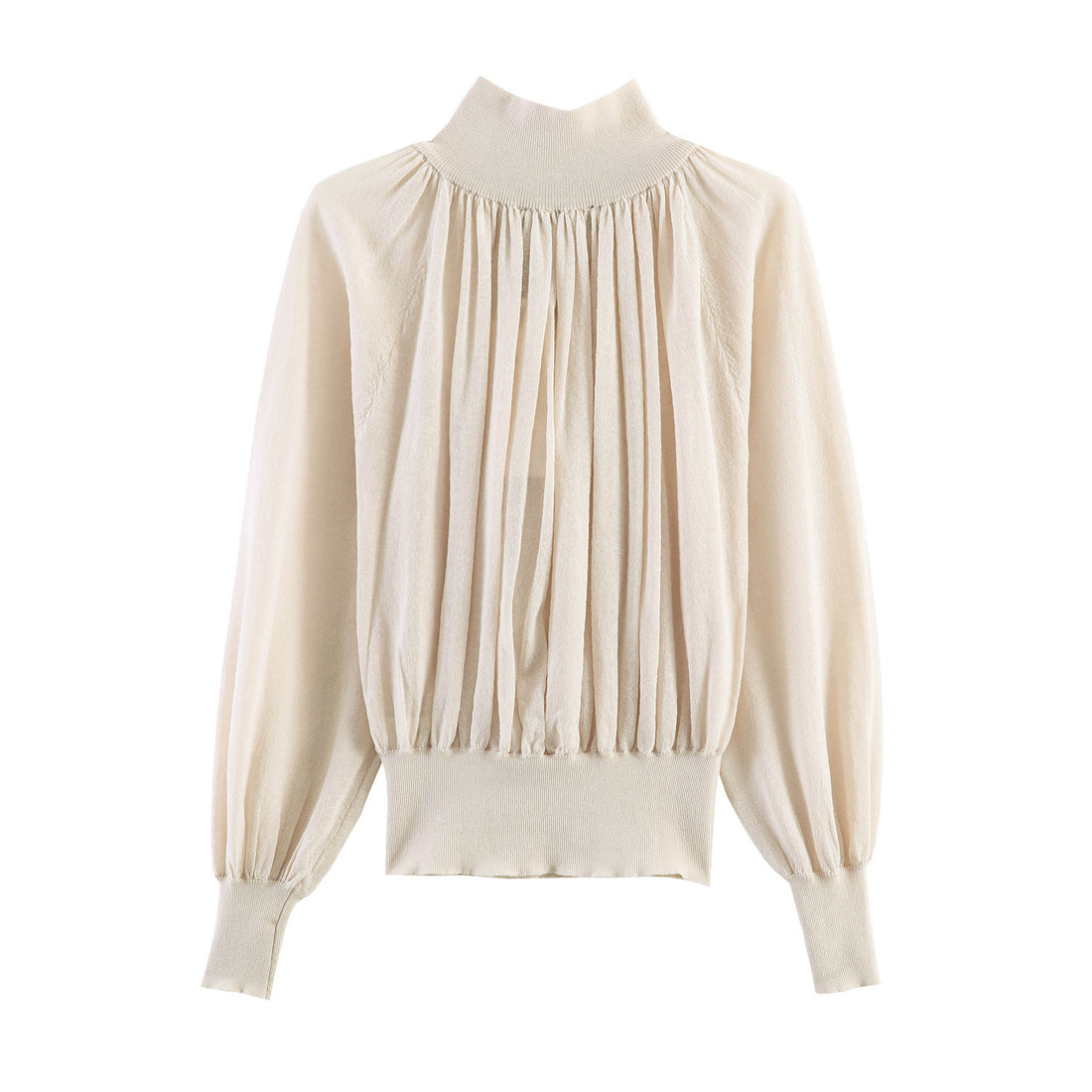 Damen Plissierter Feinstrick-Pullover mit Stehkragen und Ballonärmeln Echo Archiv