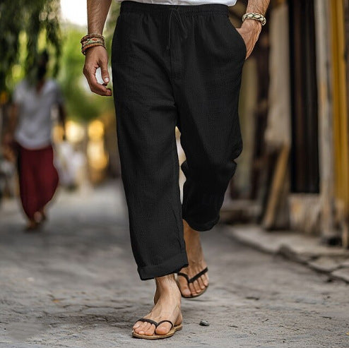 Herren lässige Leinen-Joggerhose mit elastischem Tunnelzugbund, seitlichen Eingrifftaschen und aufrollbarem Saum – Sorevano