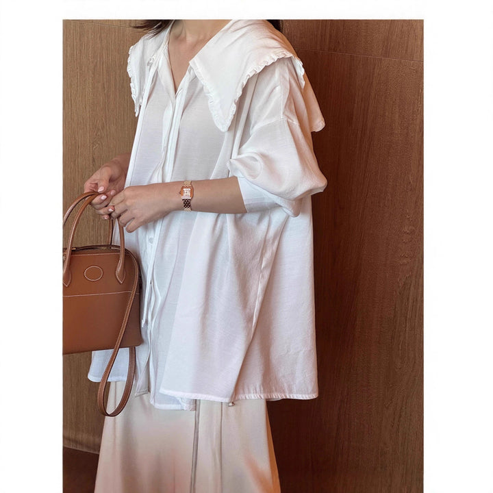 Damen Oversize-Hemdbluse mit großem Rüschenkragen und Krempelärmeln Echoarchiv