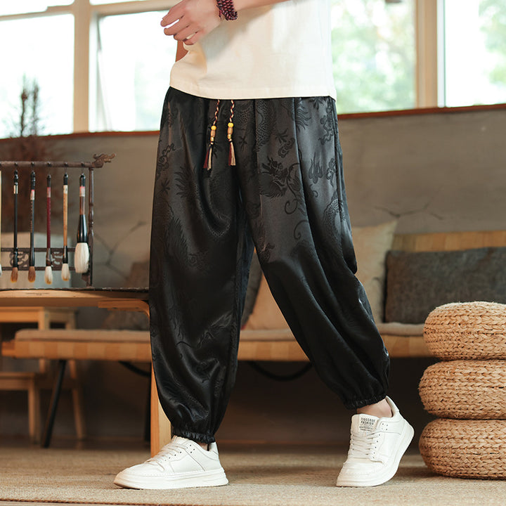 Herren nan weite Jacquard-Satin-Haremshose mit Tunnelzug, elastischen Bündchen und traditionellem Drachenmotiv Echo Archiv