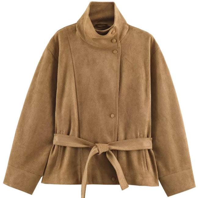 Damen Veloursleder-Optikjacke mit hohem Stehkragen und Taillengürtel Echo Archiv