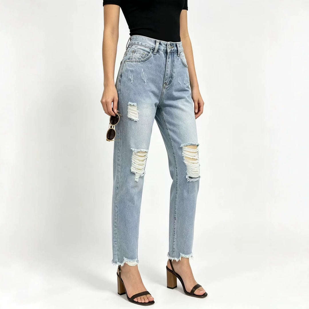 Damen nan hochgeschnittene Straight Leg Jeans mit gezielten Rissdetails und rohem Knöchelabschluss Echo Archiv