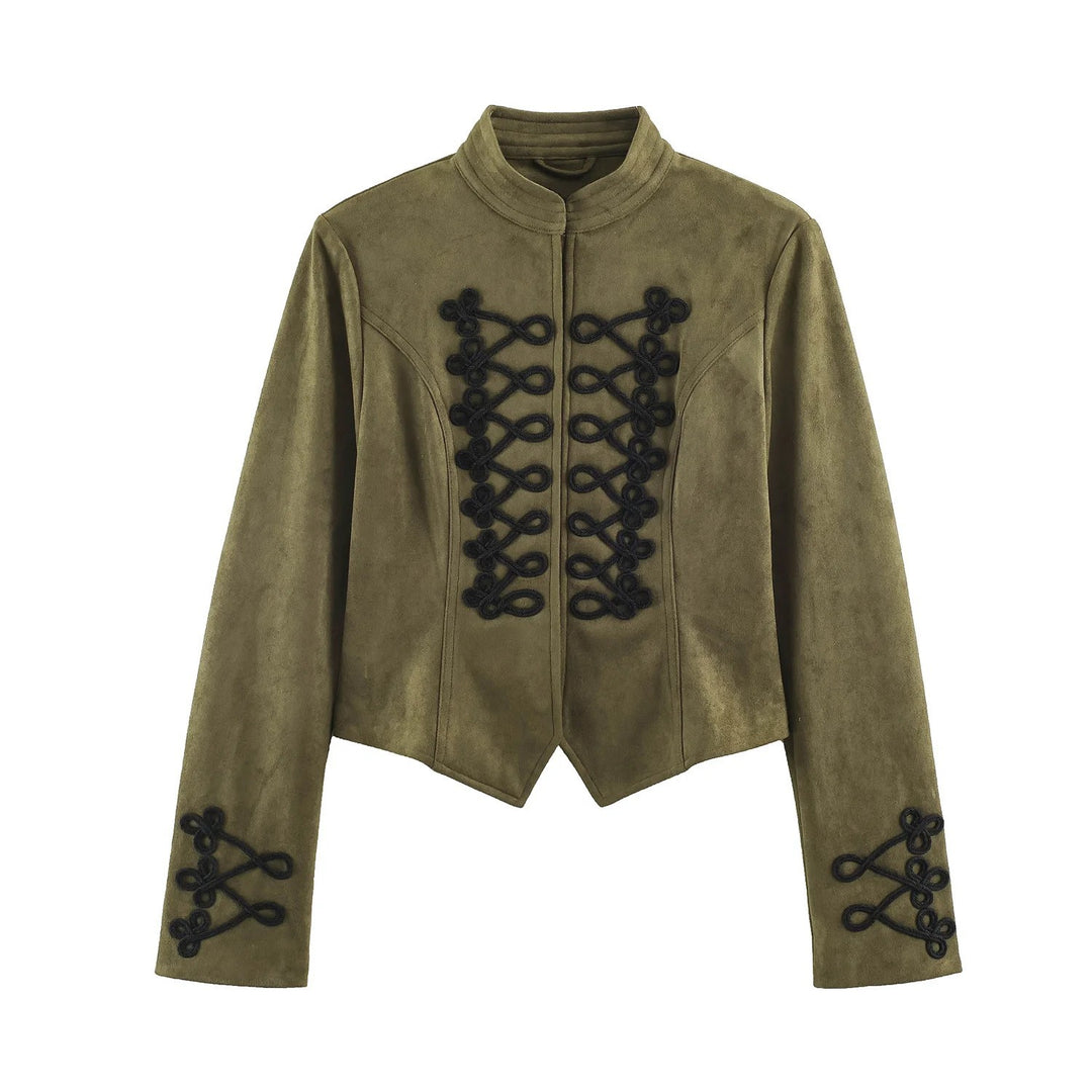 Damen Taillierte Cropped Militärjacke aus Wildlederimitat mit Stehkragen und dekorativen Zierkordeln Echo Archiv