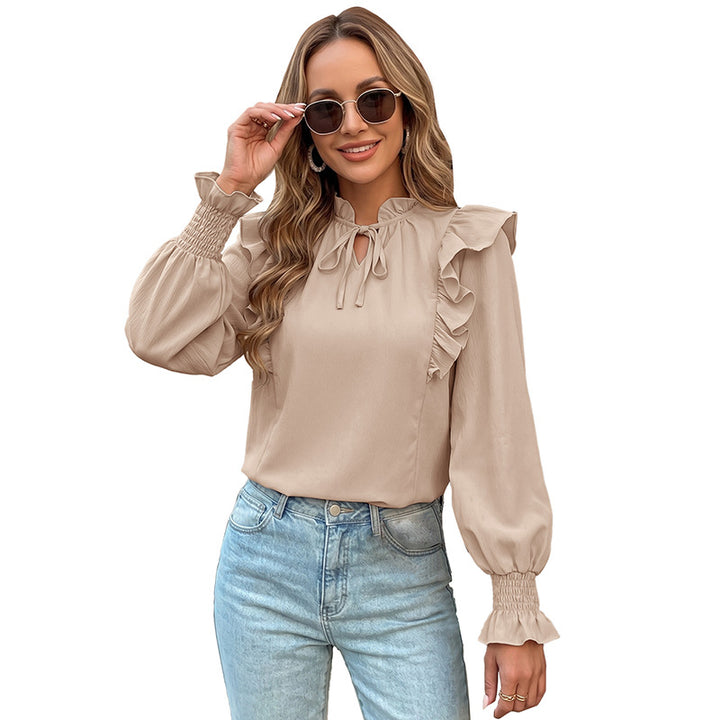 Damen Rüschenbluse mit Stehkragen, Bindeschleife und Smokärmeln Echoarchiv
