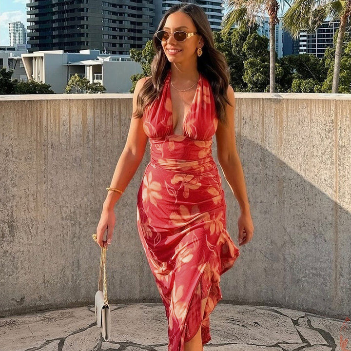 Damen Elegantes Maxikleid mit offenem Rücken und floralen Akzenten Echo Archiv