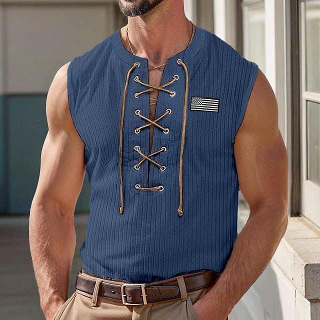 Herren Muskelshirt mit Schnürung und gesticktem Flaggenmotiv Echoarchiv