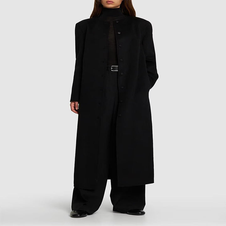 Damen Langer Minimalistischer Stehkragenmantel aus Wollmix mit verdeckter Knopfleiste Echoarchiv