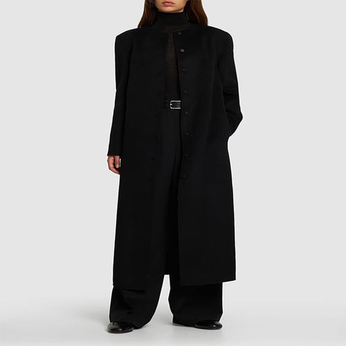 Damen Langer Minimalistischer Stehkragenmantel aus Wollmix mit verdeckter Knopfleiste Echoarchiv